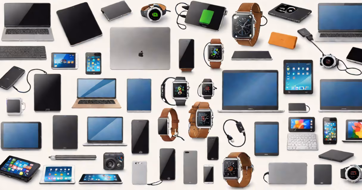 A collection of digital devices including a smartphone, tablet, and smartwatch on a white background