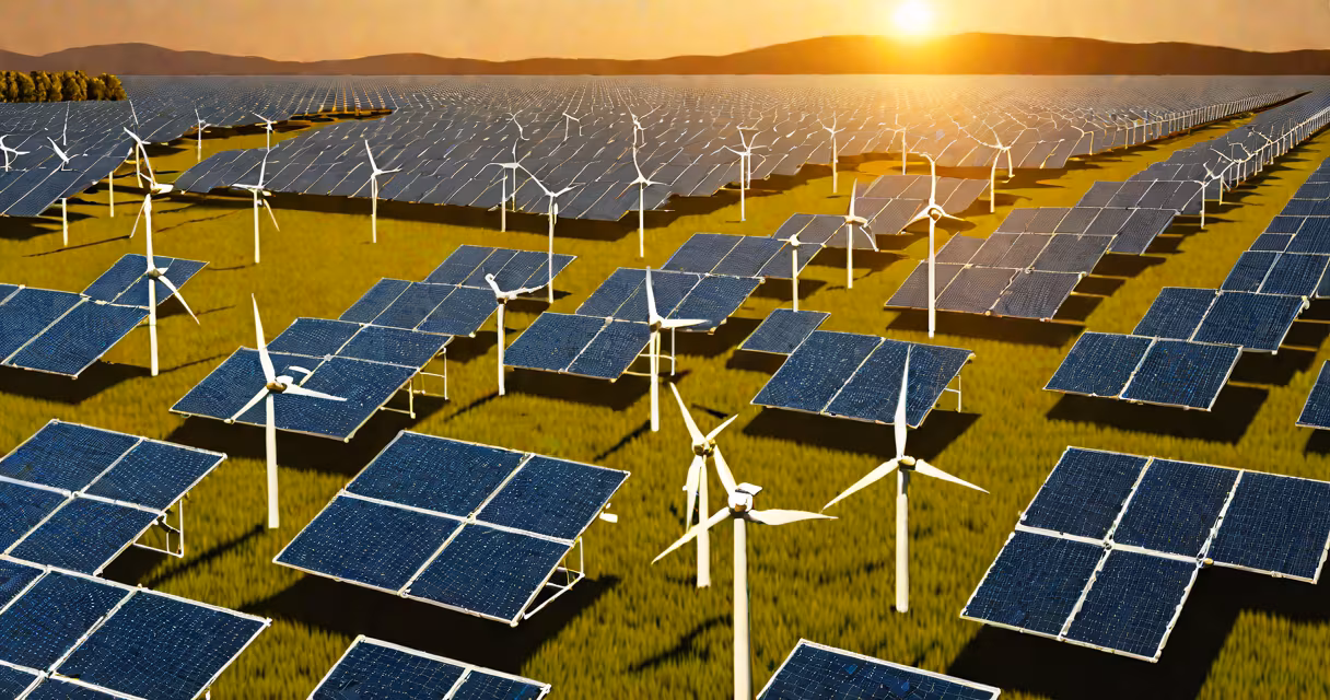 Side-by-side comparison of solar panels, wind turbines, and hydroelectric dam