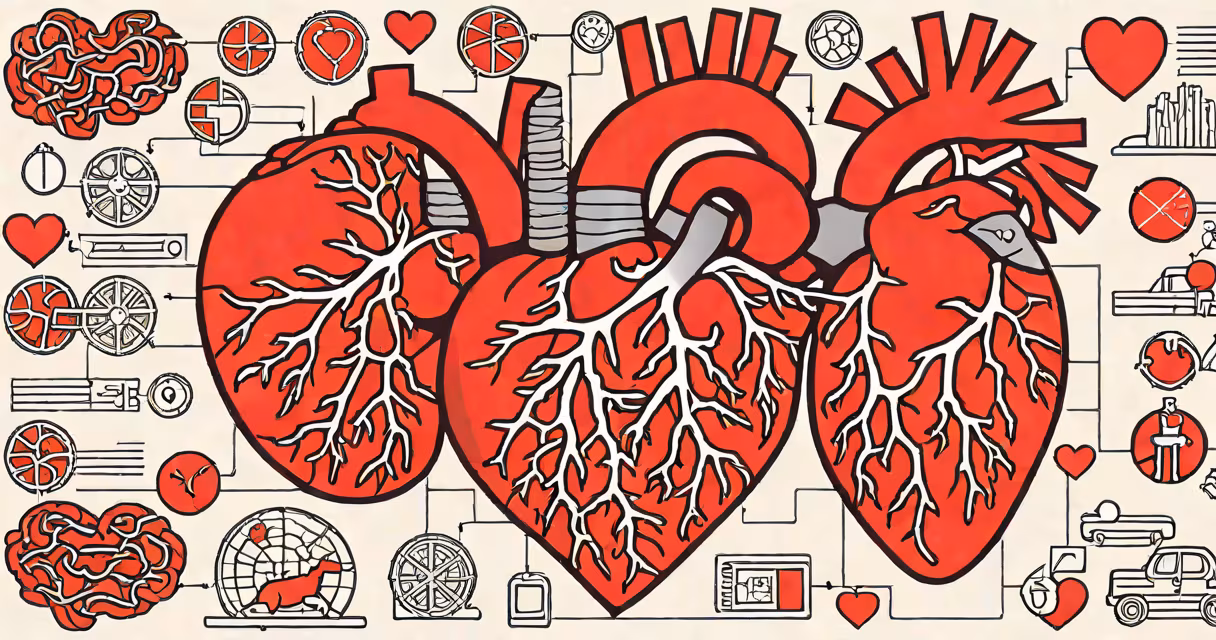 Illustration of a heart with blocked arteries and risk factors around it
