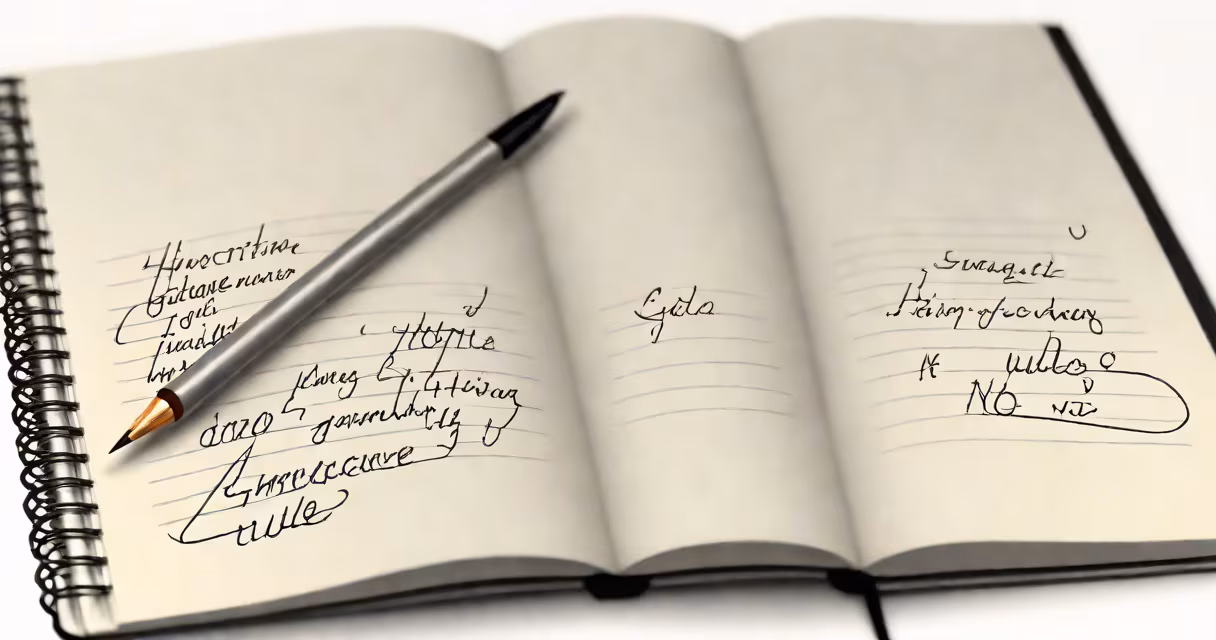 A notebook with a pen and highlighted grammar rules