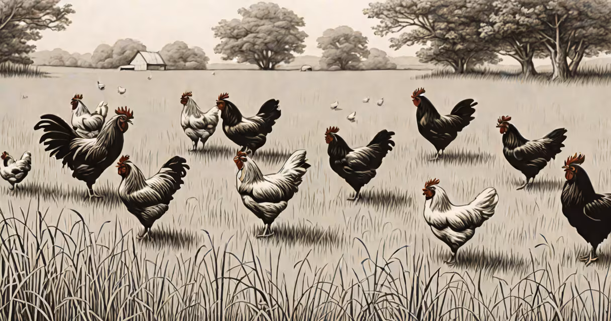 Chickens roaming in a grassy pasture