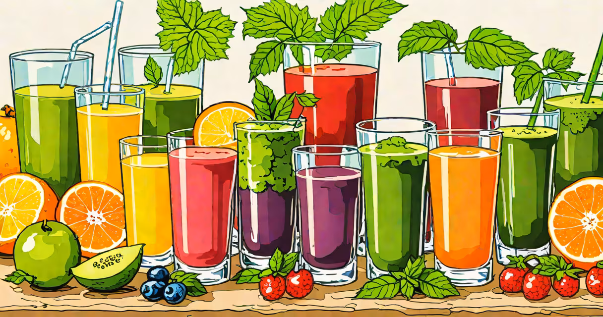 Freshly made vegetable and fruit juices in clear glasses