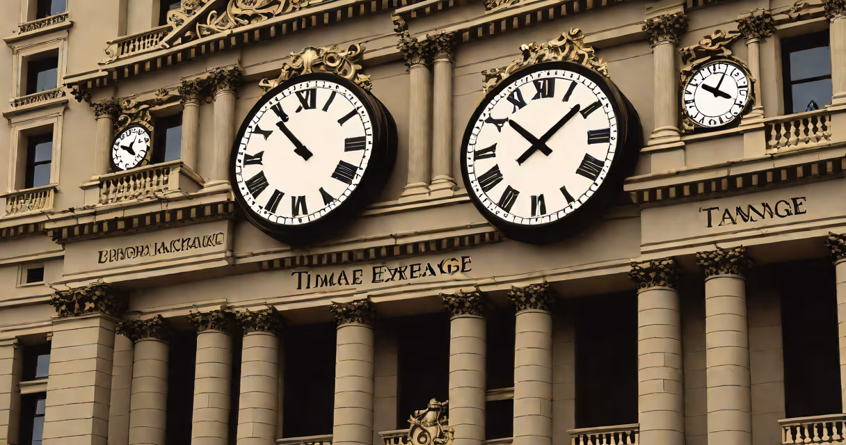 Stock exchange building facade with digital clock showing market hours