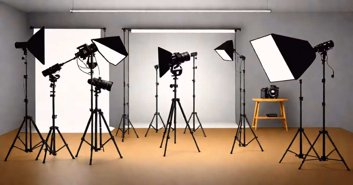 Studio setup with professional lighting and camera equipment for product photography