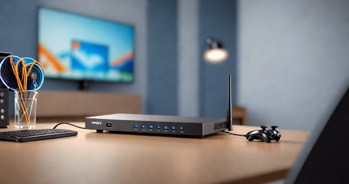 Gaming console connected to a router with speed test results on screen