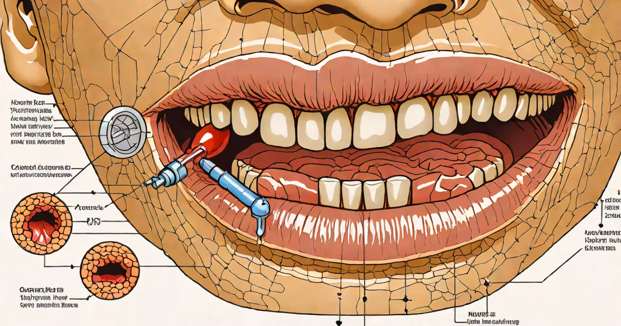 Close-up of small, fluid-filled blisters on the tongue