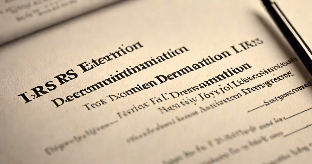 A close-up of an IRS determination letter with a pen resting on top