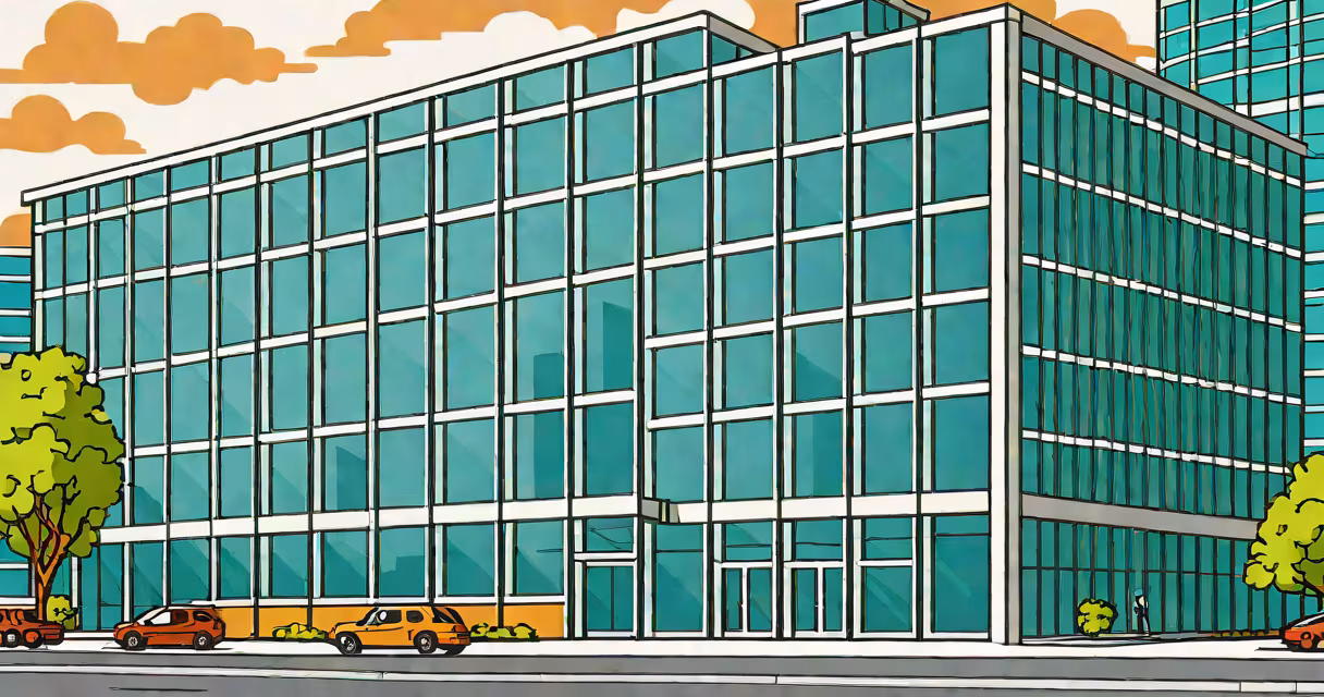 Office building with corporate logo on glass facade