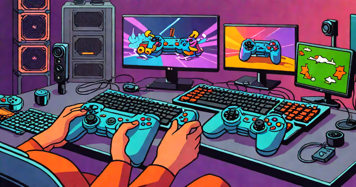 Two controllers resting on a keyboard in front of a gaming monitor