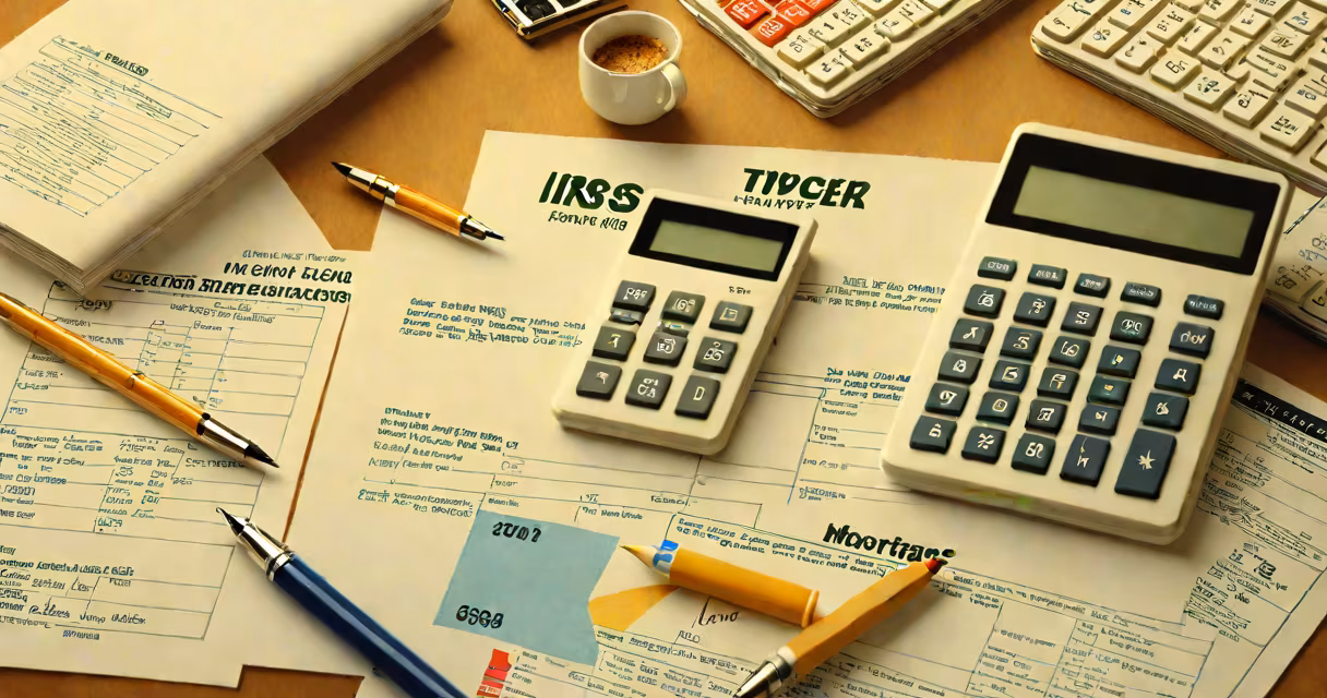 A calculator, pen, and IRS Form 1098 on a desk