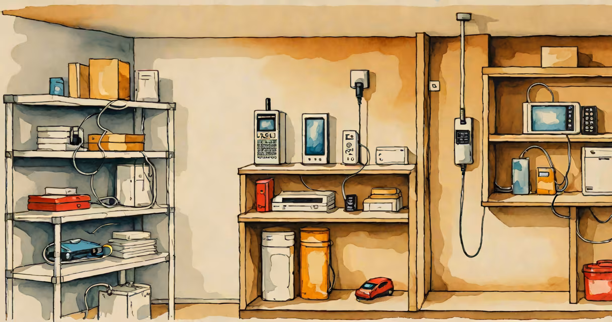 A basement with a visible cell phone signal booster device on a shelf