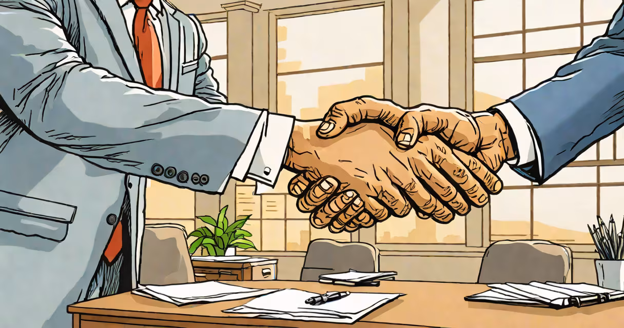 Business partners shaking hands in office setting