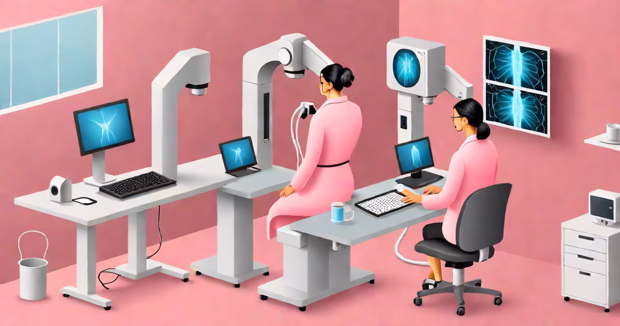 Mammography machine with a radiologist reviewing images