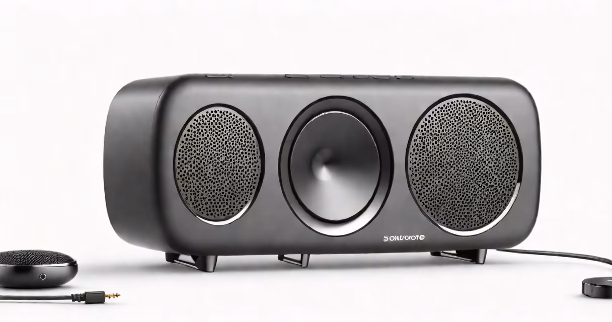 A Soundcore Motion+ speaker in black against a white background
