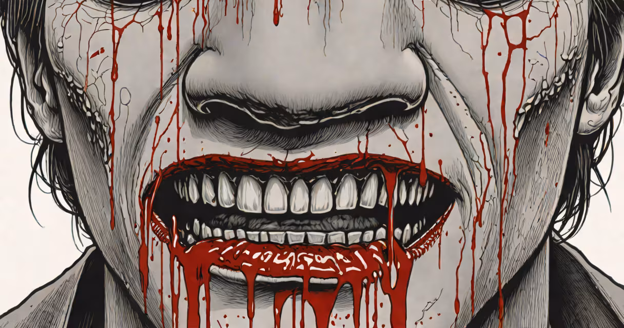 A close-up of a vampires face with blood dripping from its mouth