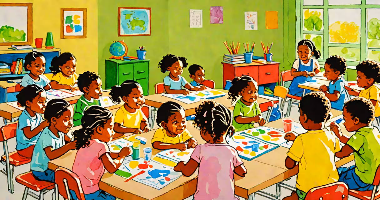 A group of children aged 3 to 5 playing together in a brightly colored classroom