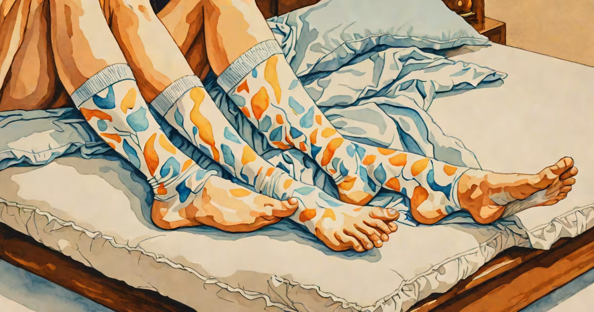 Person elevating legs on a pillow with compression socks nearby