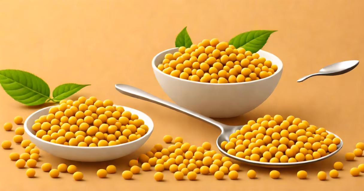 A spoonful of soy lecithin powder next to whole soybeans