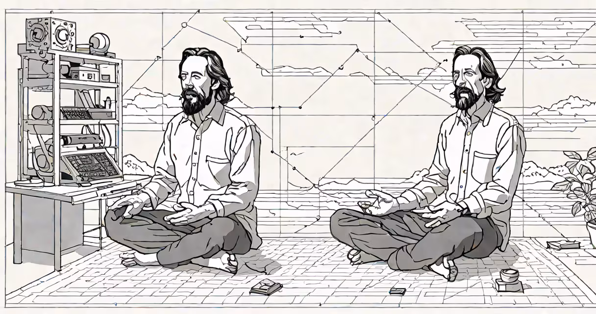 Alan Watts seated in a serene natural setting