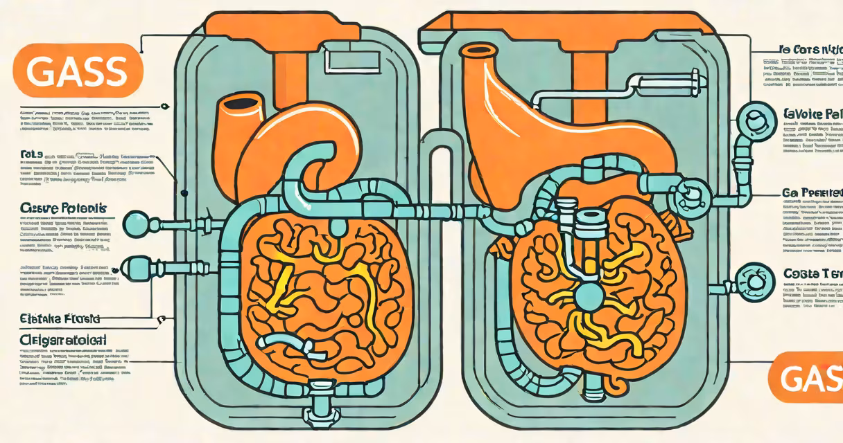 Illustration of digestive system highlighting gas pockets