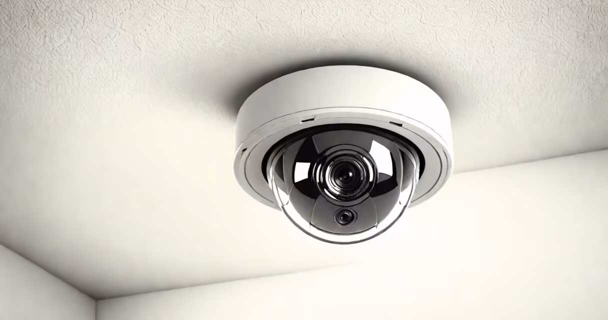 A hidden camera disguised as a smoke detector on a white wall