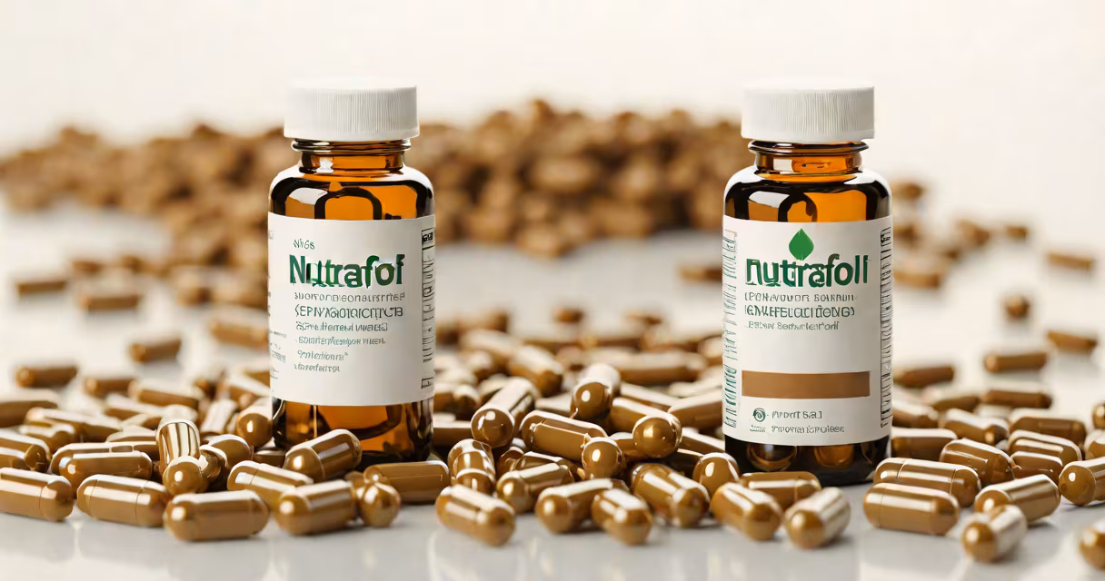 Bottle of Nutrafol supplement capsules on a white background
