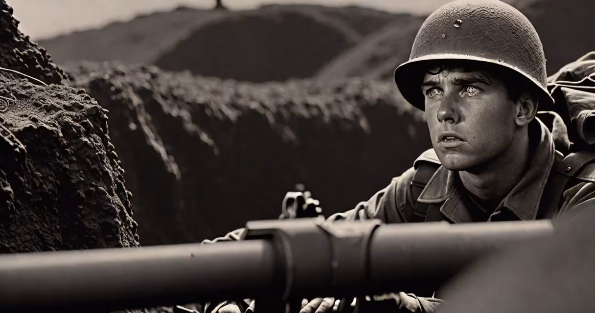 Black-and-white still from the 1979 film showing a young soldier in a trench