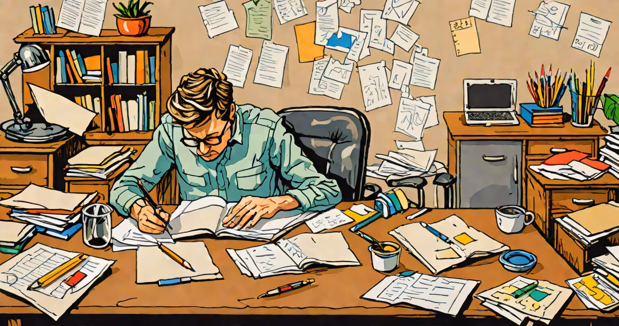 Person with ADHD appearing fatigued, sitting at a desk with papers scattered around