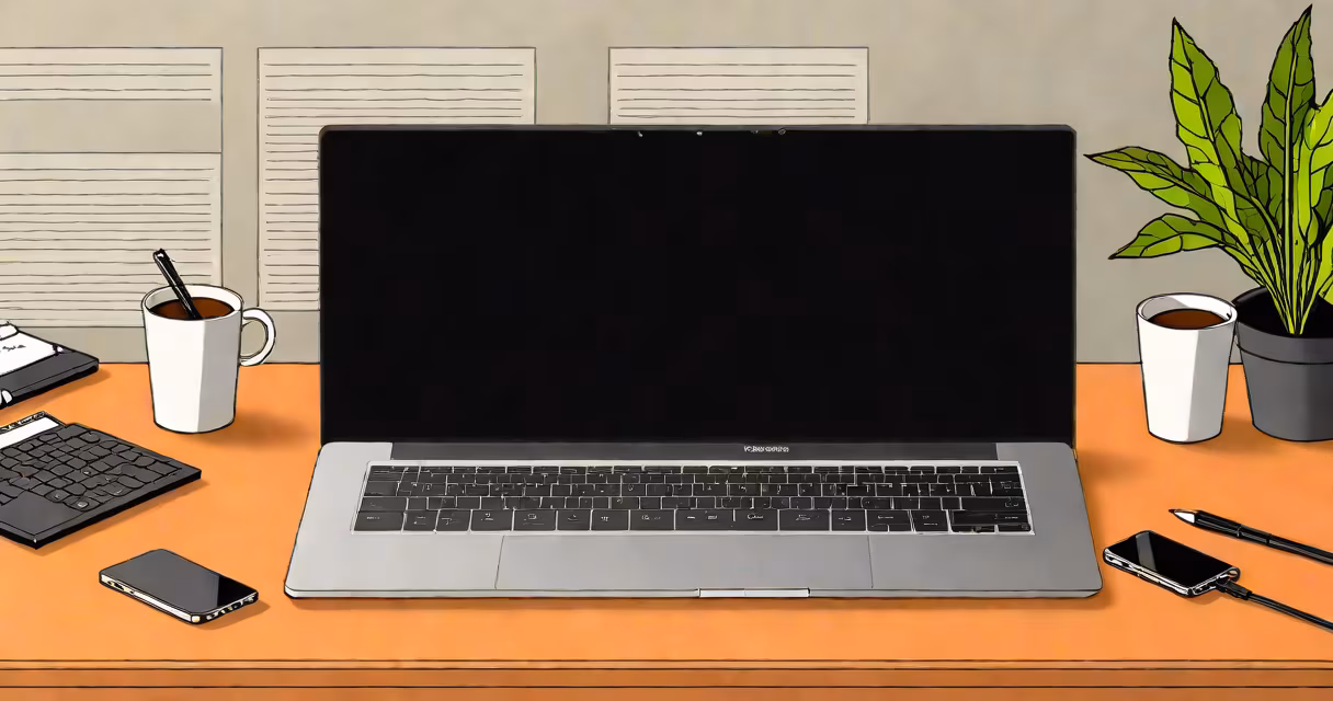 Laptop with a black screen on a desk