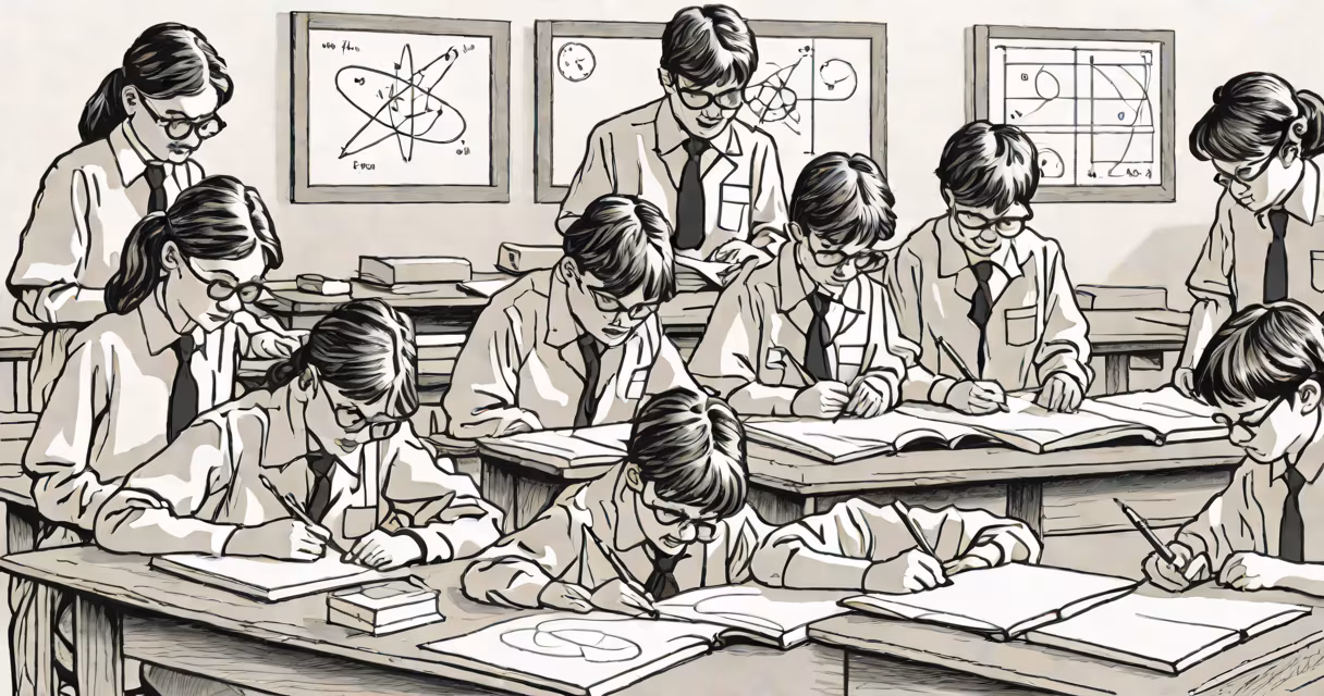 Students in uniform working together on a science project