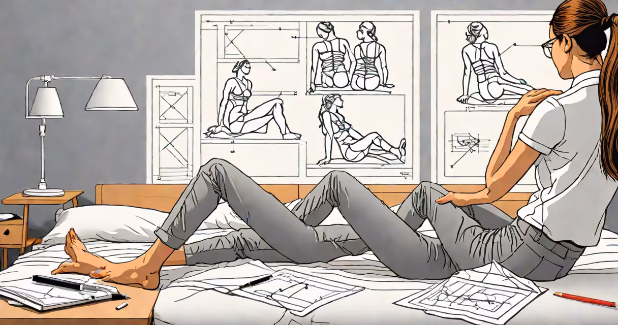 Woman holding lower back while sitting on bed