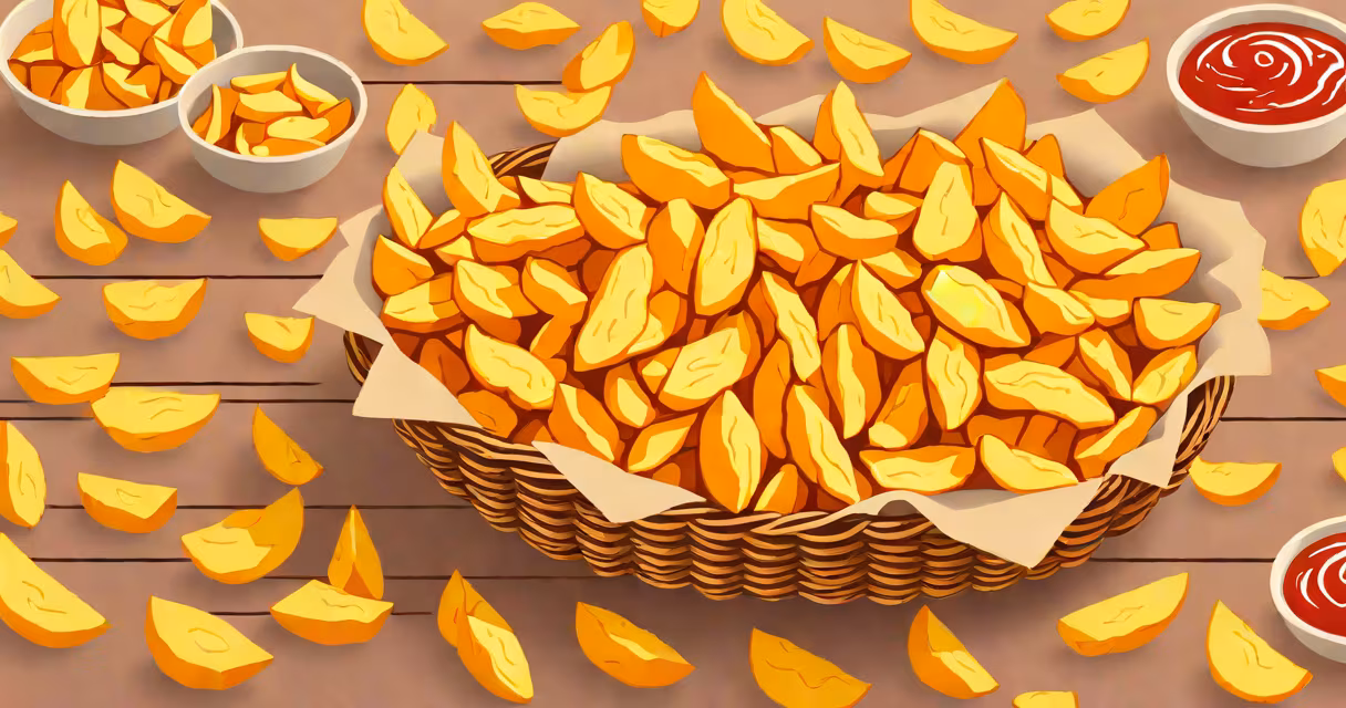 Basket of crispy fried potatoes on a wooden table