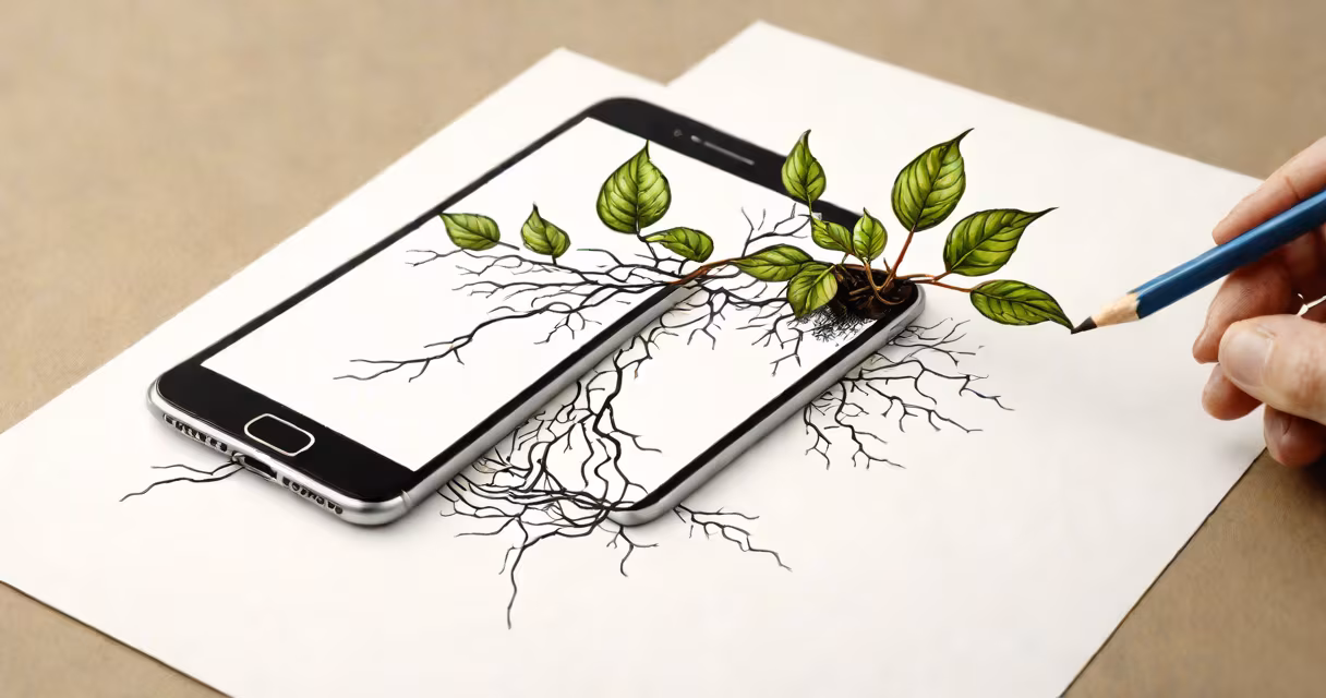 Smartphone with a small sprout growing from its screen