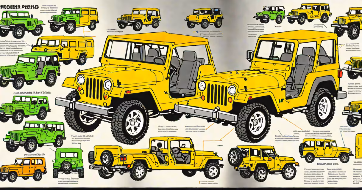 Open jeep parts catalog book showing detailed diagrams of jeep components