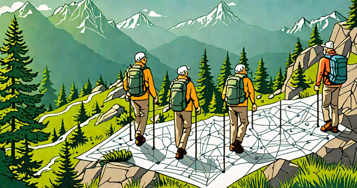 Senior couple hiking in a scenic mountain trail