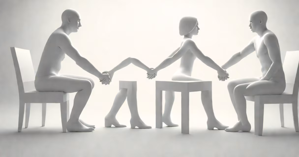 Two people sitting apart but holding hands