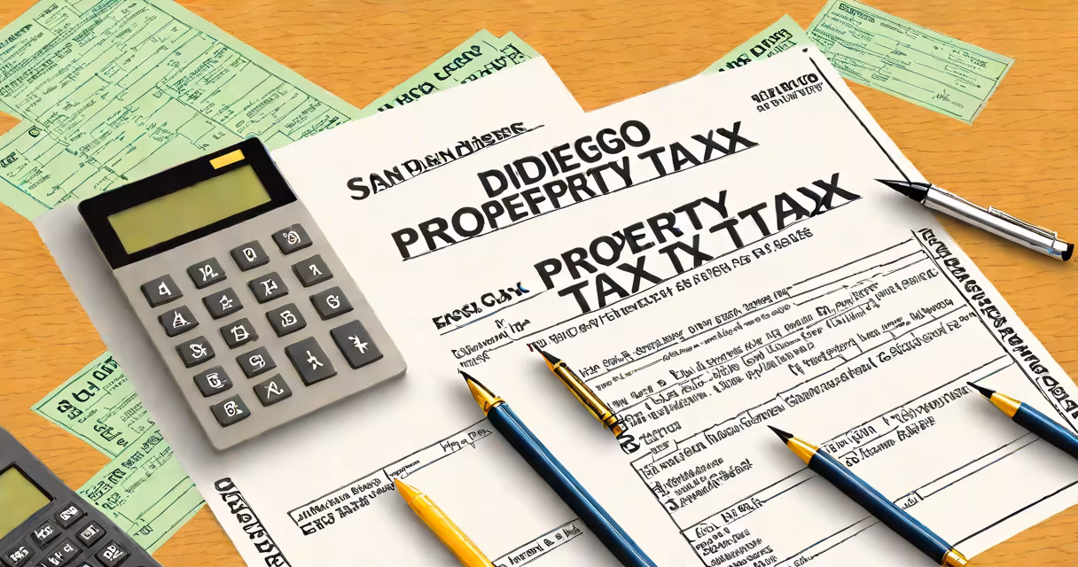 A San Diego property tax bill form with a calculator and pen