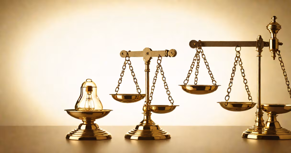 A balance scale with a lightbulb on one side and a lock on the other