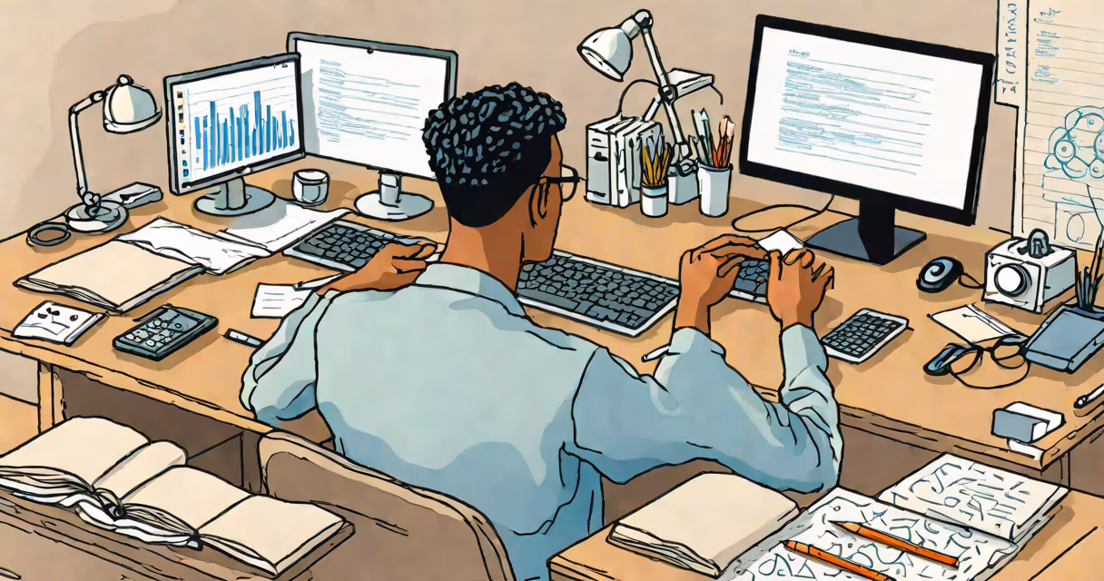 A medical coder working at a computer with coding manuals nearby