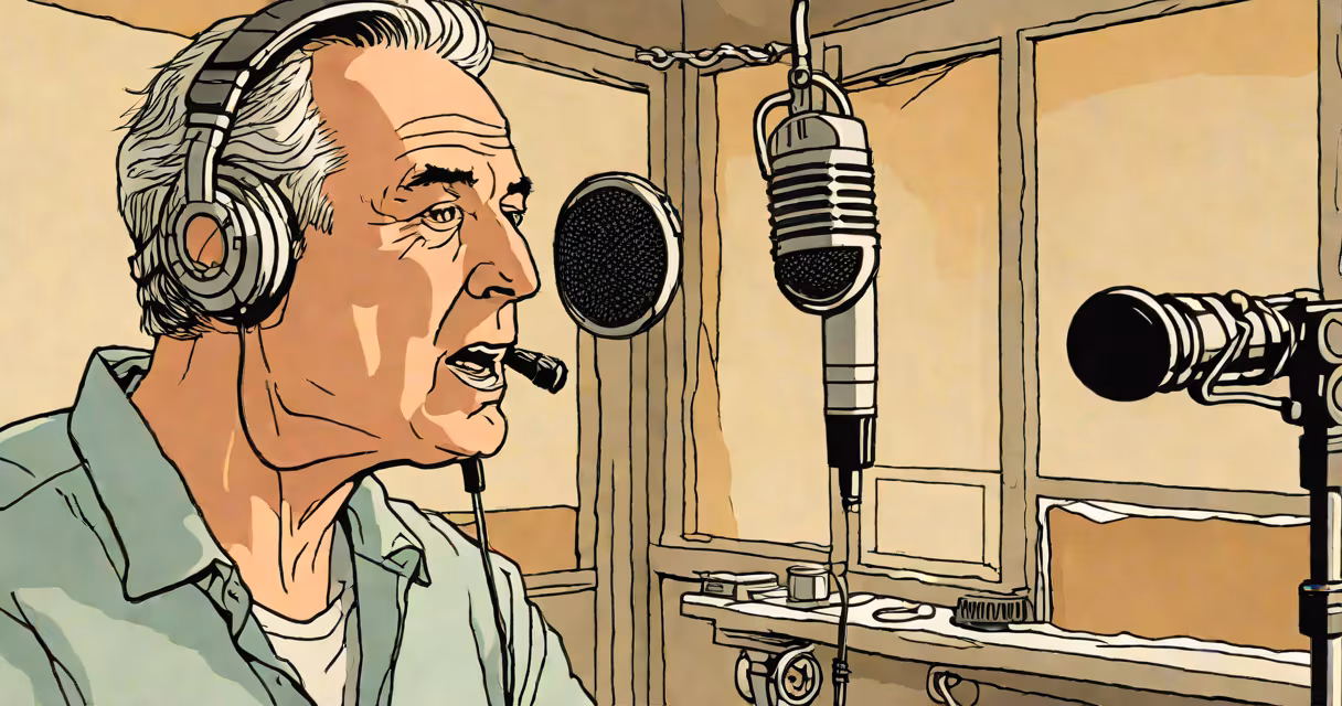 Mike Henry in a recording booth with a microphone