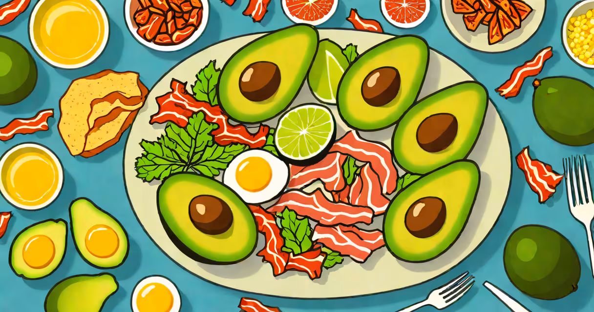 A plate with avocado, eggs, and bacon, common keto-friendly foods