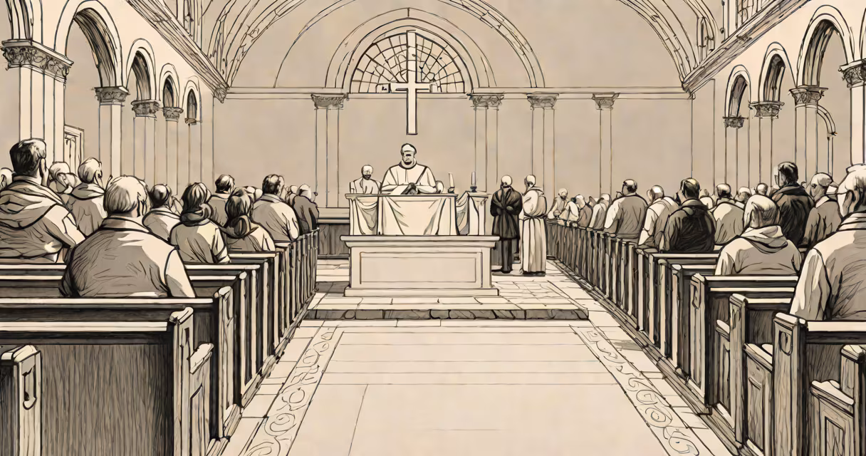 A priest celebrating Mass at an altar with congregation seated in pews