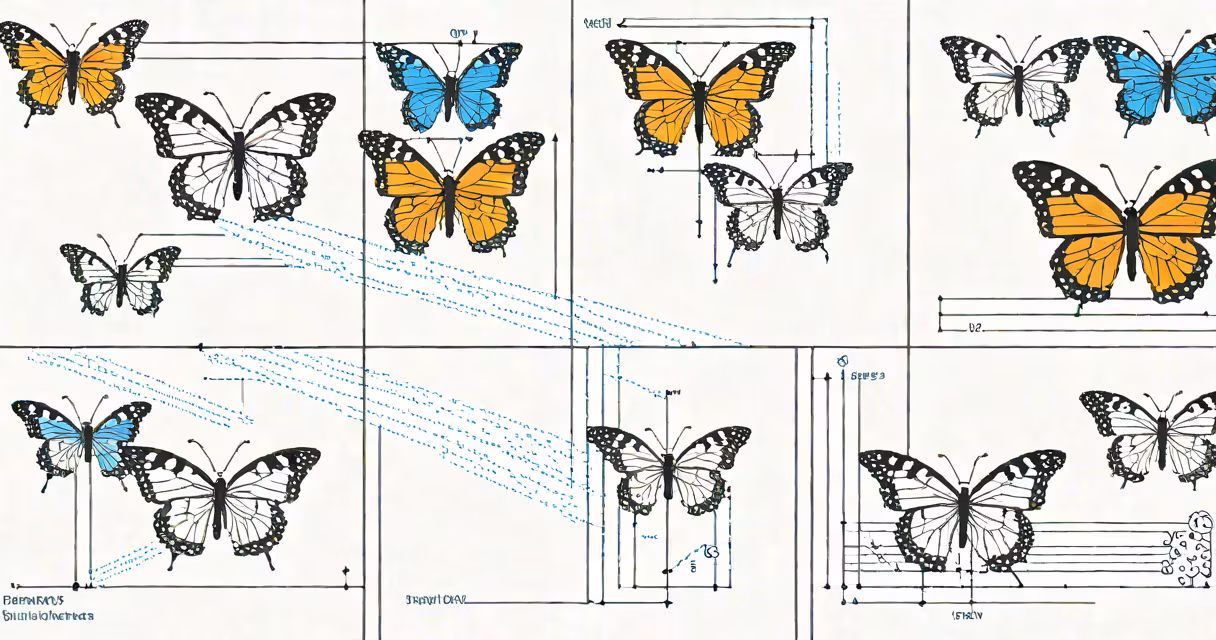 A split-screen showing two different outcomes: one with a butterfly and another with a domino effect.
