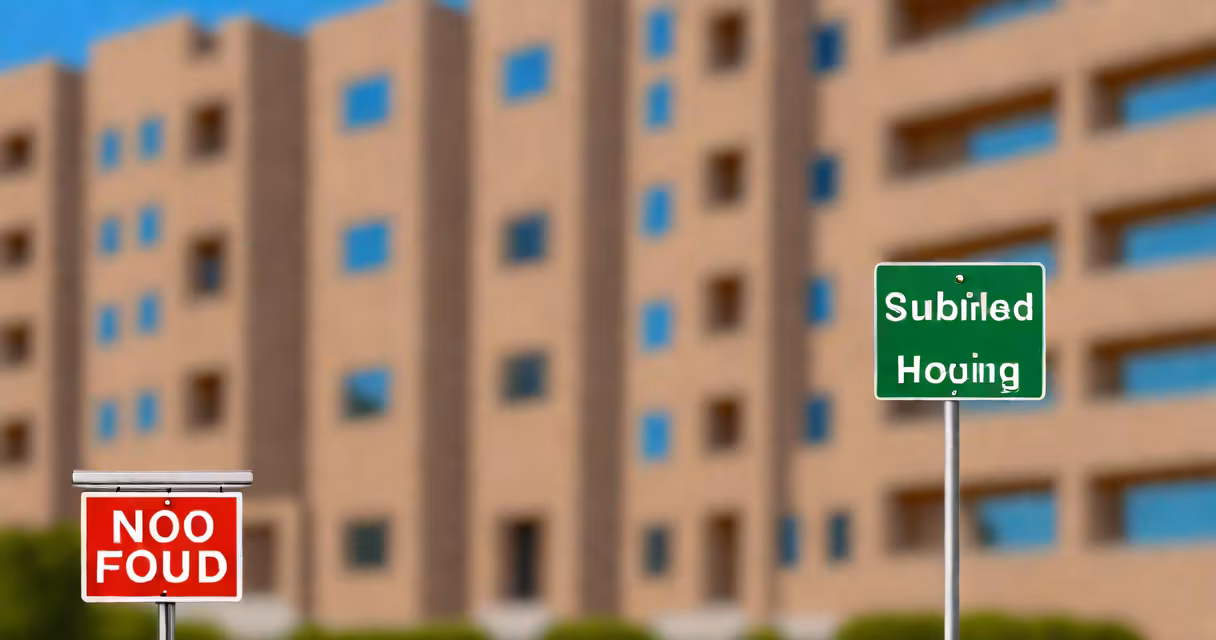 Apartment building with subsidized housing signage