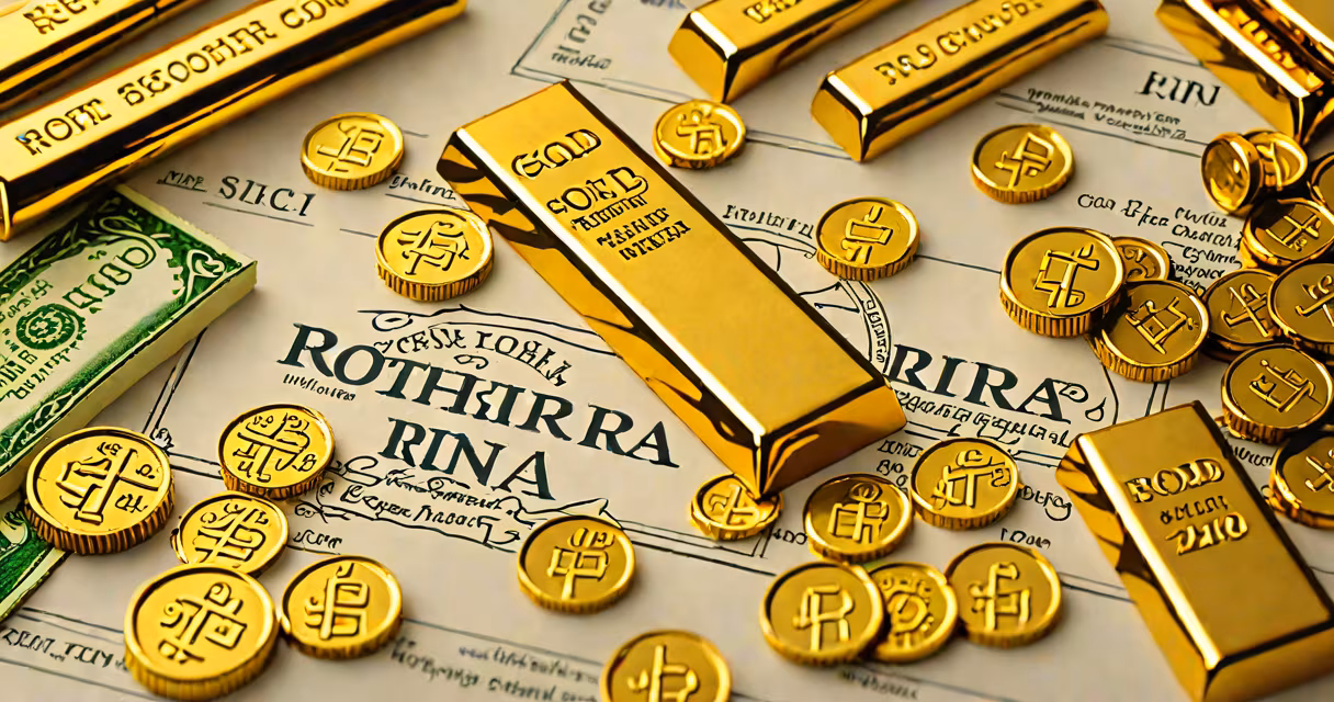 Gold bars and coins arranged beside a Roth IRA statement