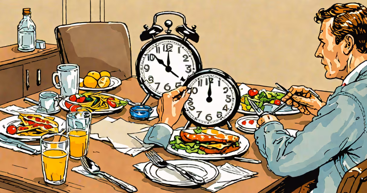 Person eating quickly at a desk with a clock showing time passing rapidly