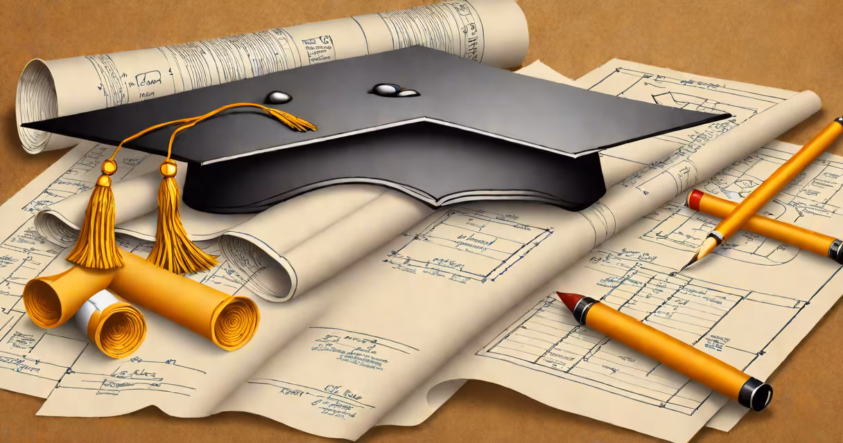 Graduation cap and diploma with project plans and business charts