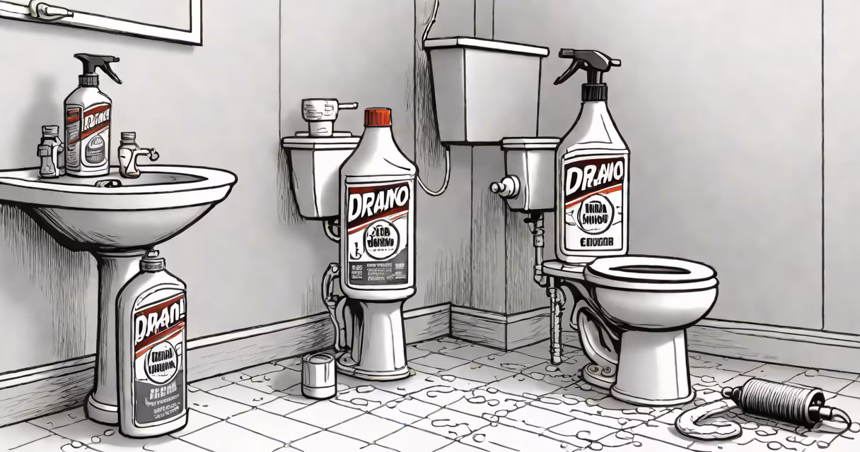 A bottle of Drano liquid drain cleaner next to a toilet