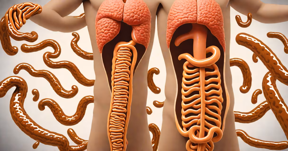 Medical illustration showing digestive system with highlighted intestines