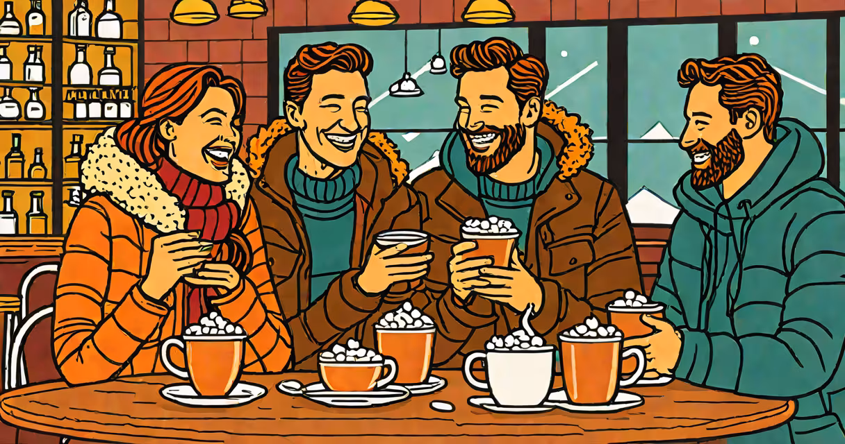 Couple laughing together over hot chocolate at a cozy café
